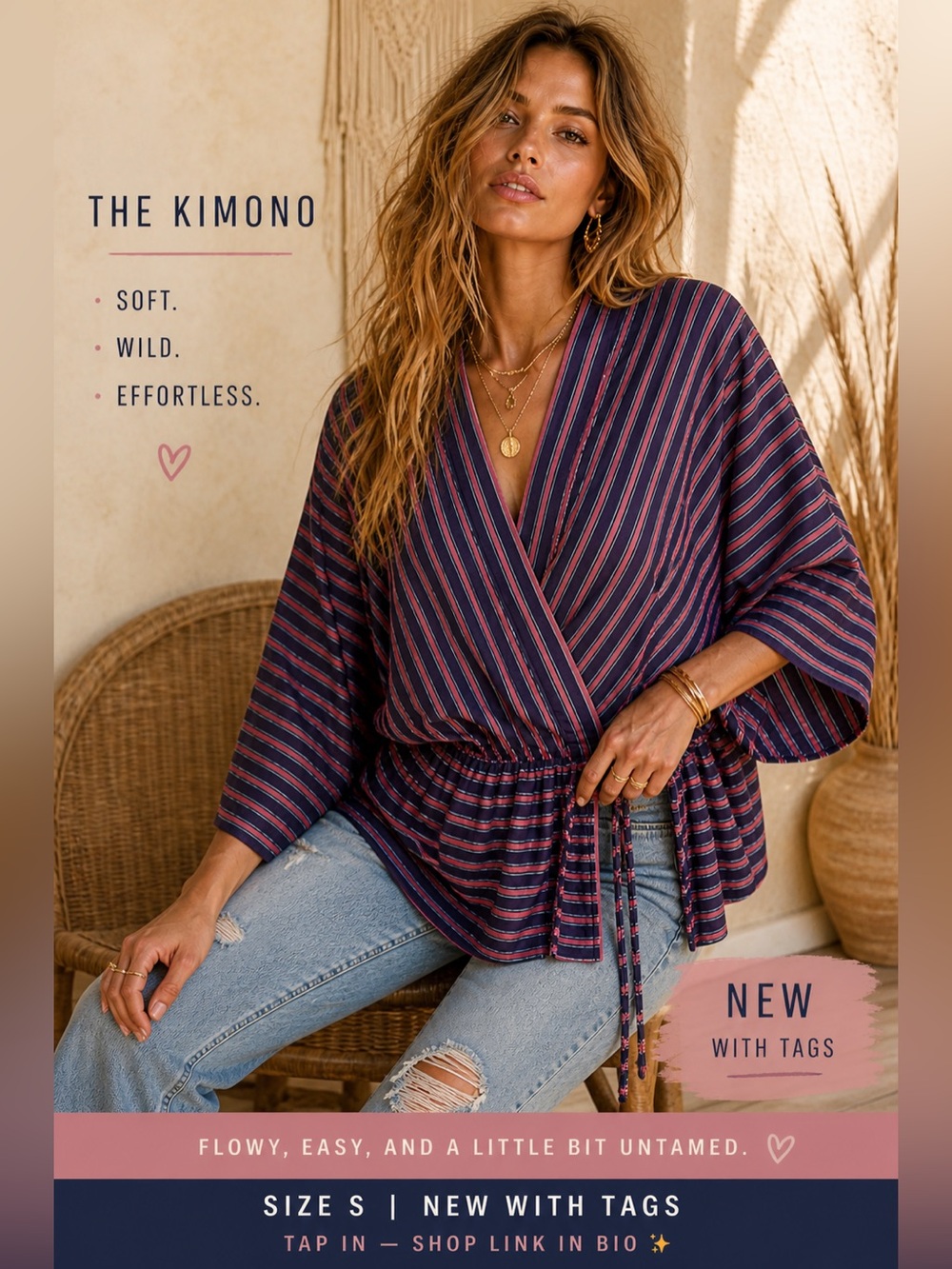 NWT Hayden Striped Kimono Wrap Top S Blue Pink Boho Lightweight Tie Waist - A6